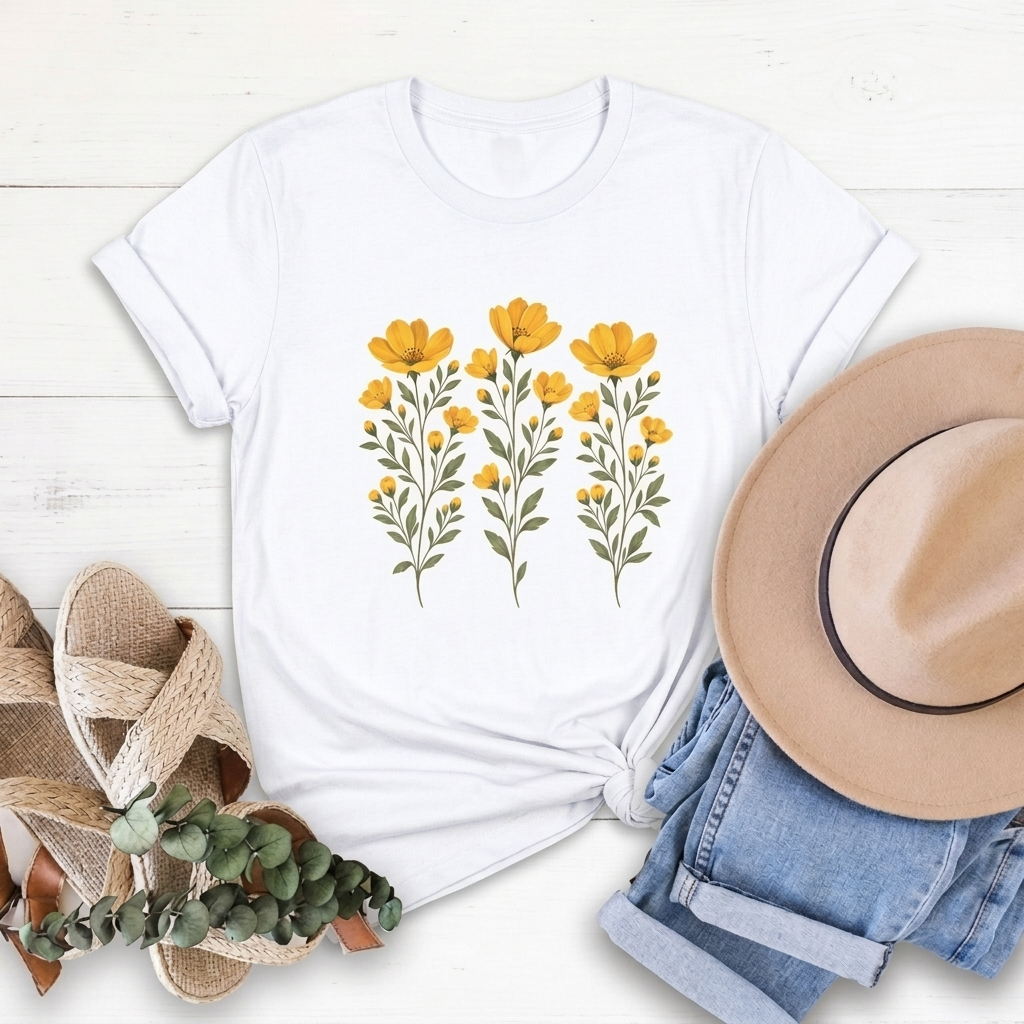 Golden Yellow Wildflower T-Shirt, Vintage Botanical Floral Tee - 14544