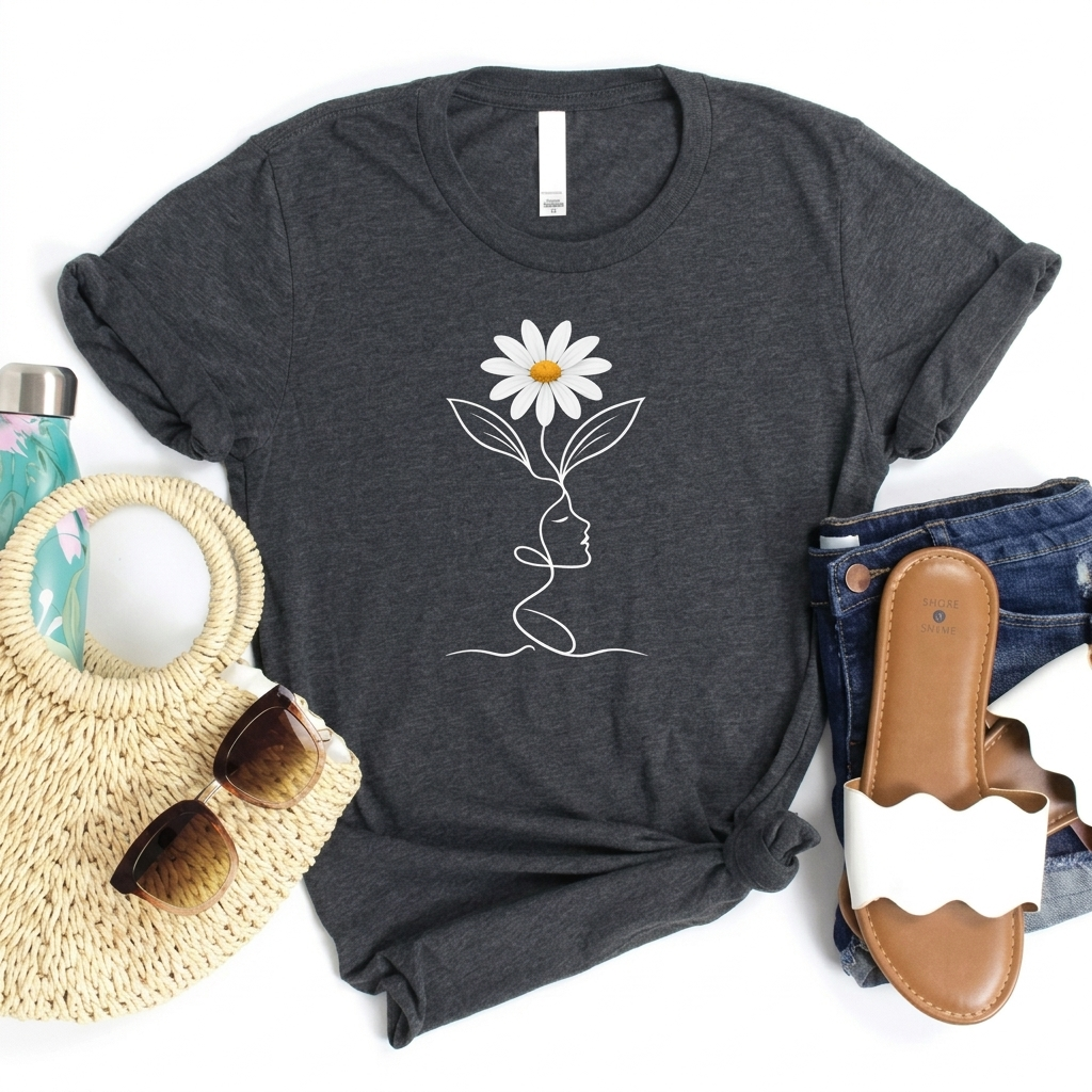 Daisy Woman Face T-Shirt, Minimalist Floral Line Art Tee - 14522