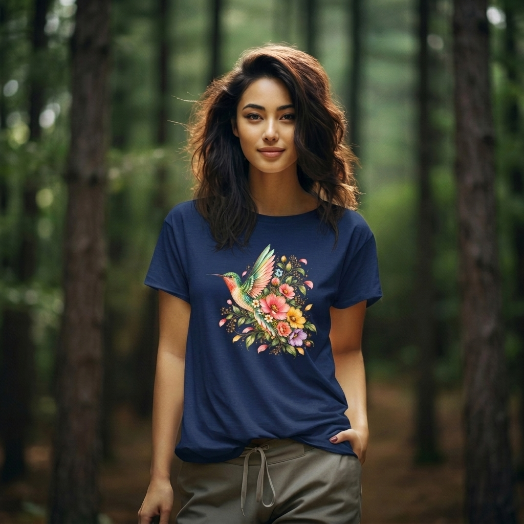 Colorful Hummingbird Floral T-Shirt, Nature Lover Tee - 14516