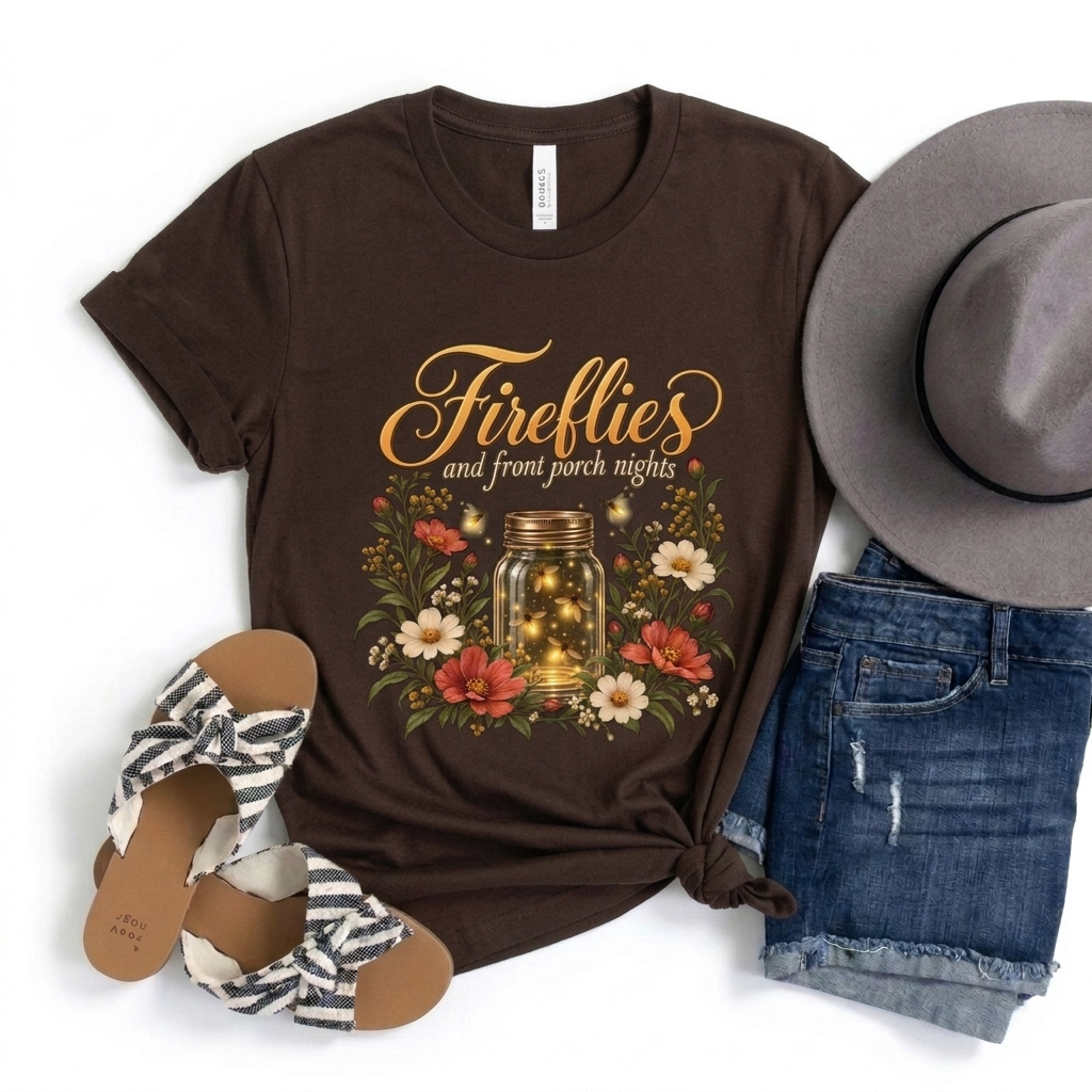 Fireflies and Front Porch Nights T-Shirt, Vintage Floral Mason Jar Tee - 14567