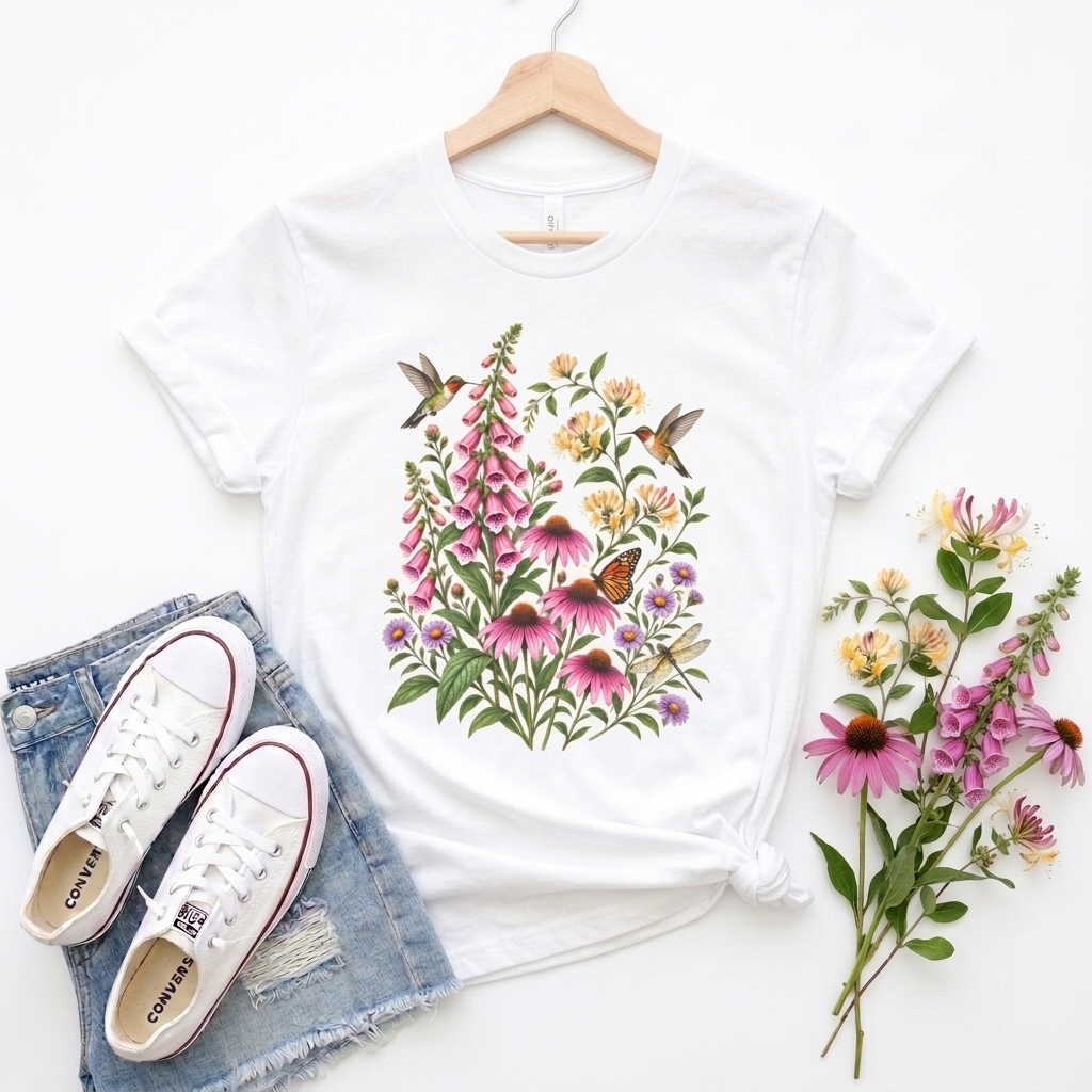 Floral Hummingbird Garden T-Shirt, Wildflower & Butterfly Botanical Tee - 14547