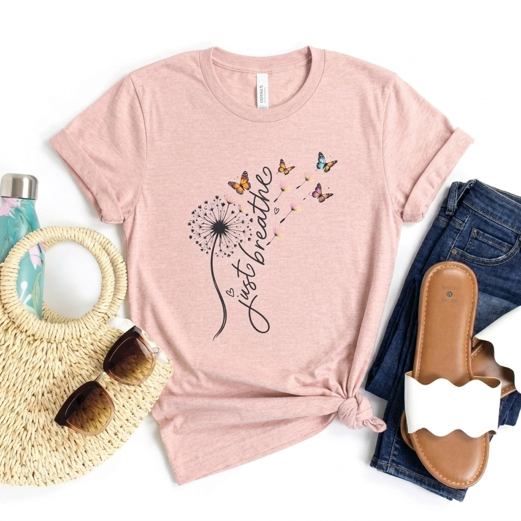 Just Breathe Dandelion T-Shirt,  Butterfly Inspirational Tee - 14519