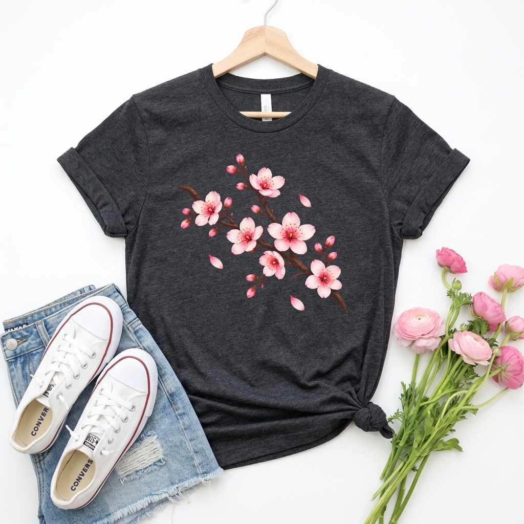 Cherry Blossom T-Shirt, Pink Sakura Branch Floral Tee - 14994