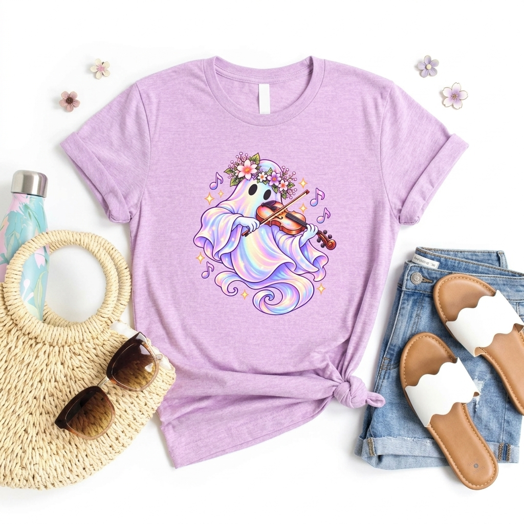 Ghost Violin T-Shirt, Cute Pastel Floral Music Lover Tee - 14528