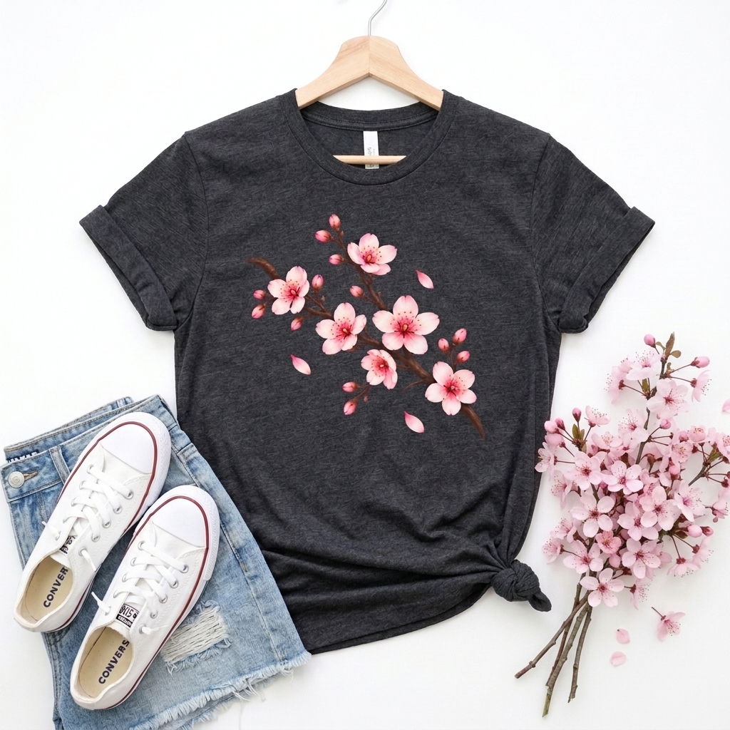 Cherry Blossom T-Shirt, Pink Sakura Branch Floral Tee - 14994