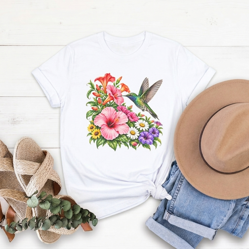 Hummingbird & Hibiscus T-Shirt, Colorful Tropical Floral Garden Tee - 14542