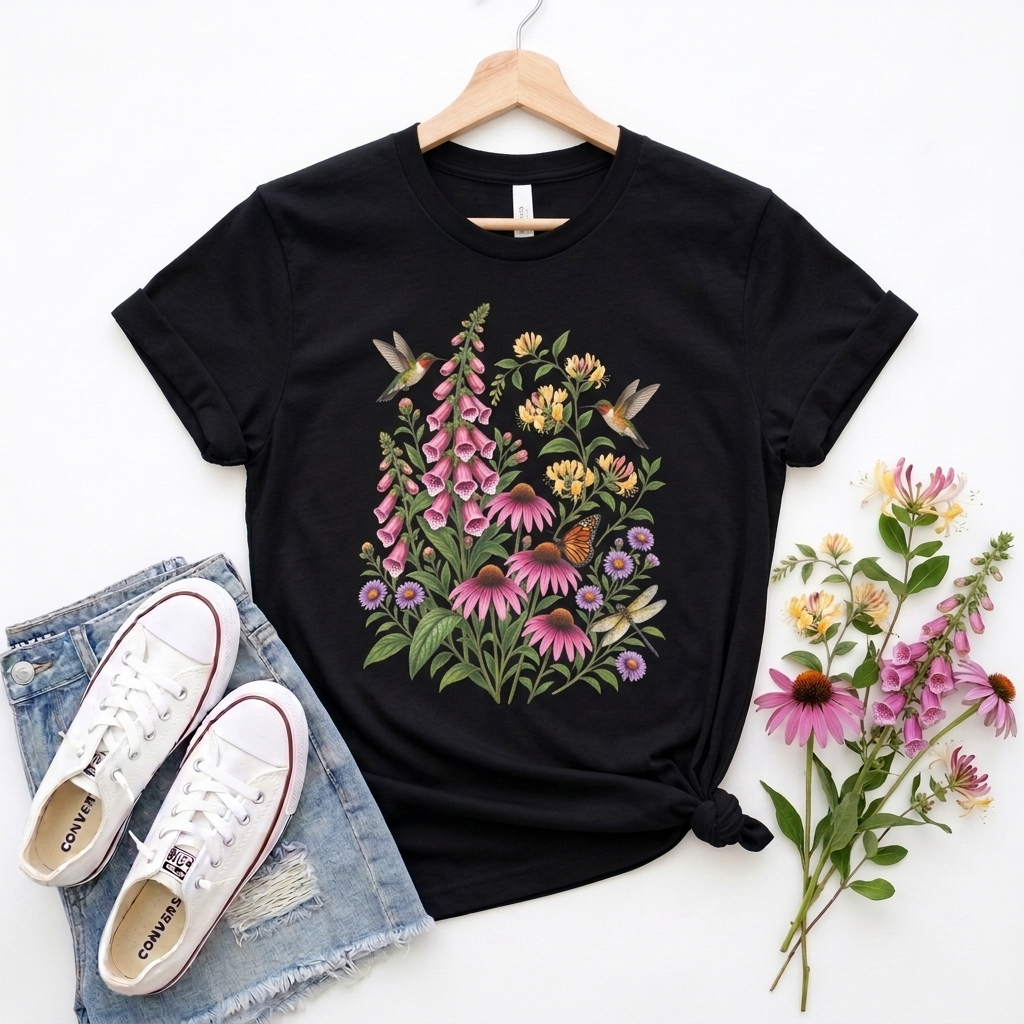 Floral Hummingbird Garden T-Shirt, Wildflower & Butterfly Botanical Tee - 14547