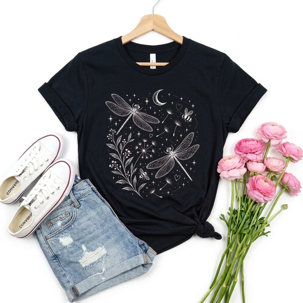 Dragonfly Moon T-Shirt, Whimsical Celestial Nature Tee - 14518