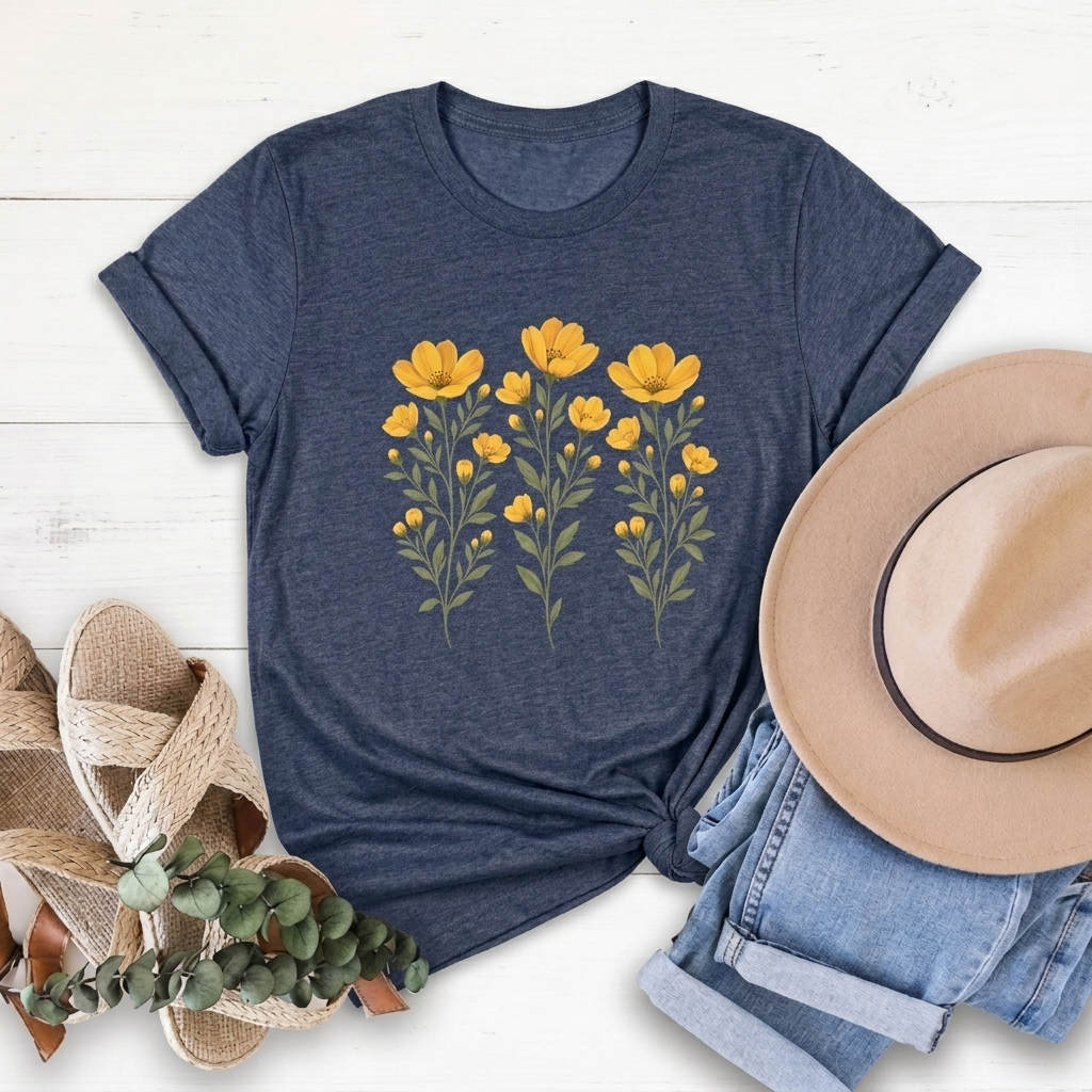 Golden Yellow Wildflower T-Shirt, Vintage Botanical Floral Tee - 14544