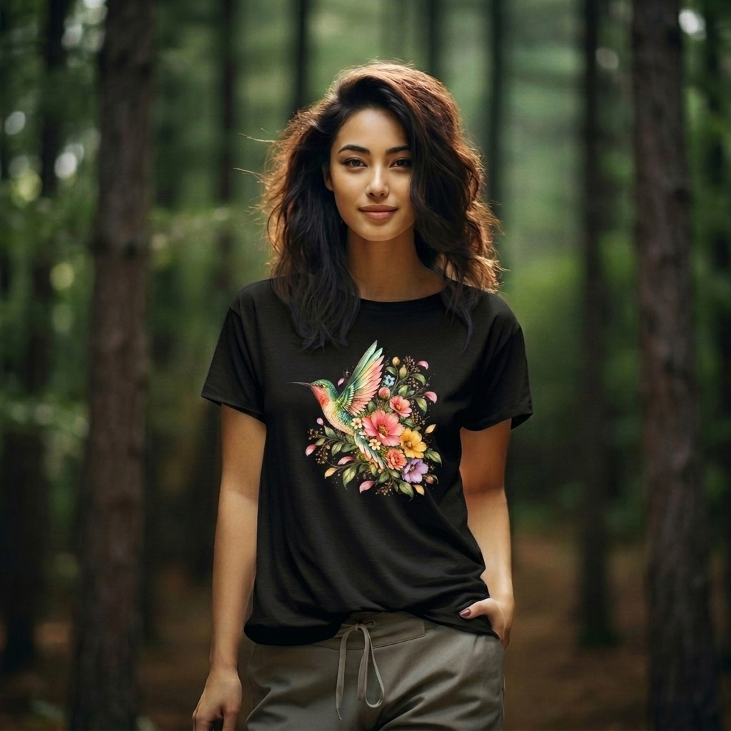 Colorful Hummingbird Floral T-Shirt, Nature Lover Tee - 14516