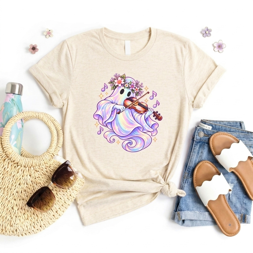 Ghost Violin T-Shirt, Cute Pastel Floral Music Lover Tee - 14528