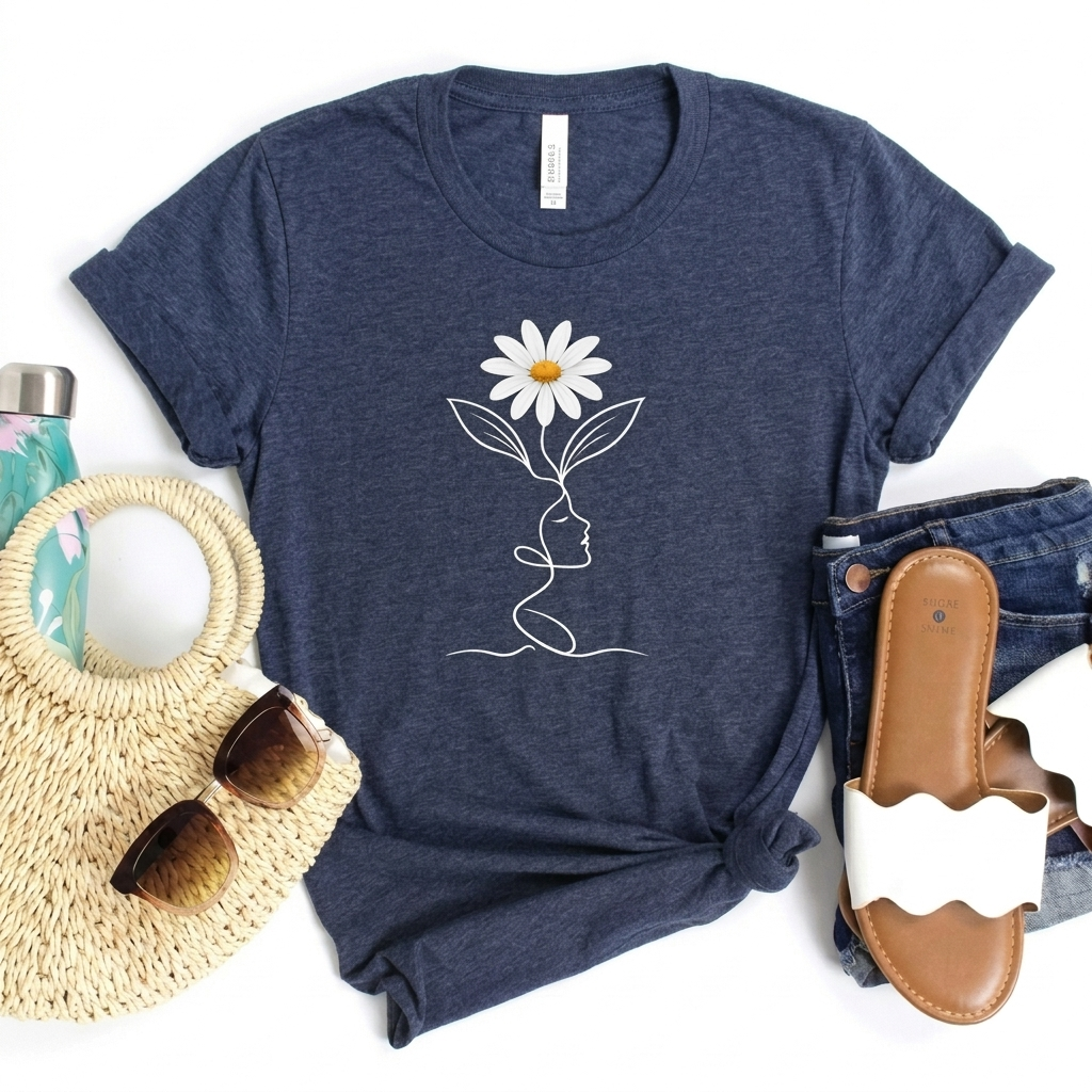 Daisy Woman Face T-Shirt, Minimalist Floral Line Art Tee - 14522