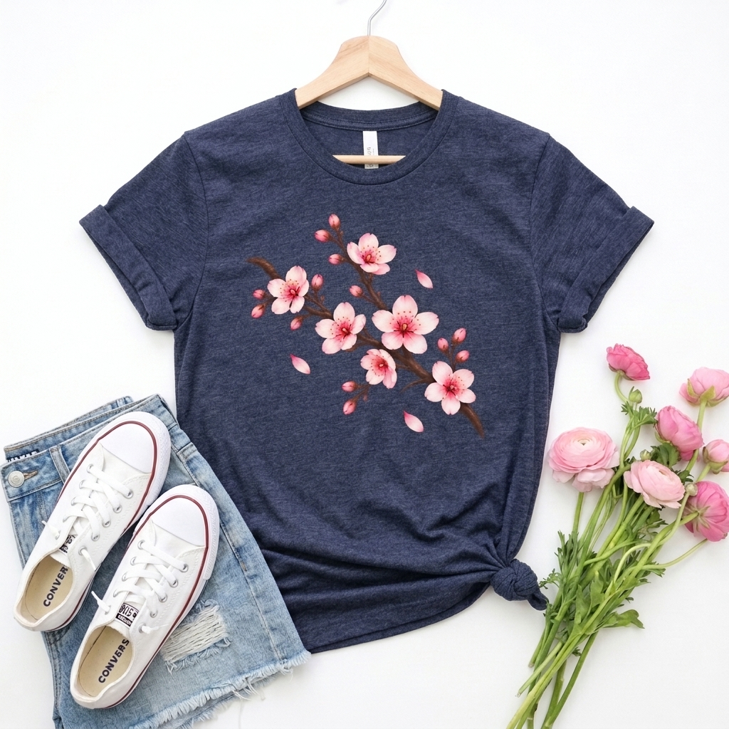 Cherry Blossom T-Shirt, Pink Sakura Branch Floral Tee - 14994