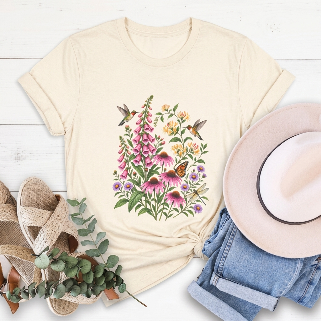 Floral Hummingbird Garden T-Shirt, Wildflower & Butterfly Botanical Tee - 14547