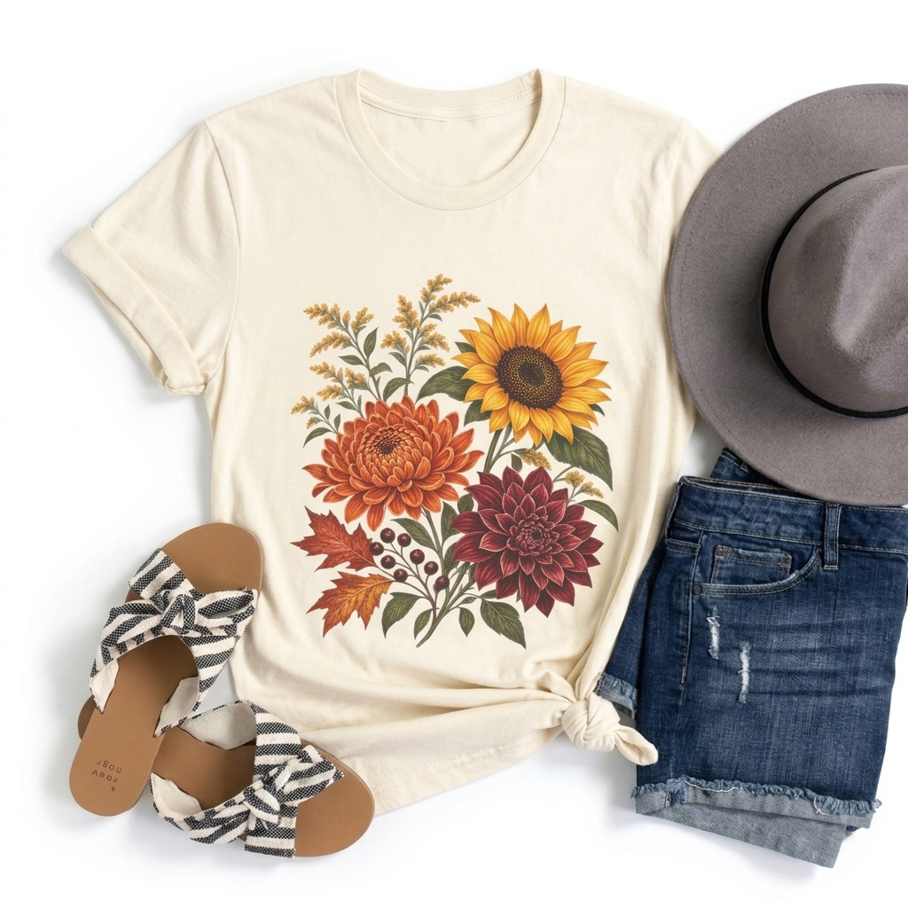 Autumn Wildflower Bouquet T-Shirt, Vintage Botanical Floral Tee - 14565