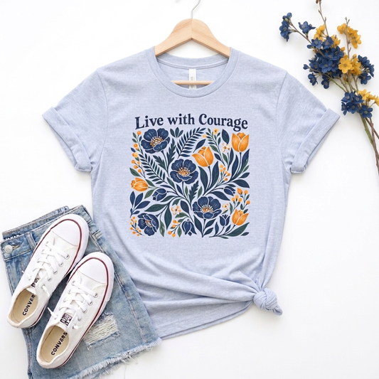 Live with Courage T-Shirt, Vintage Folk Art Floral Tee - 14539