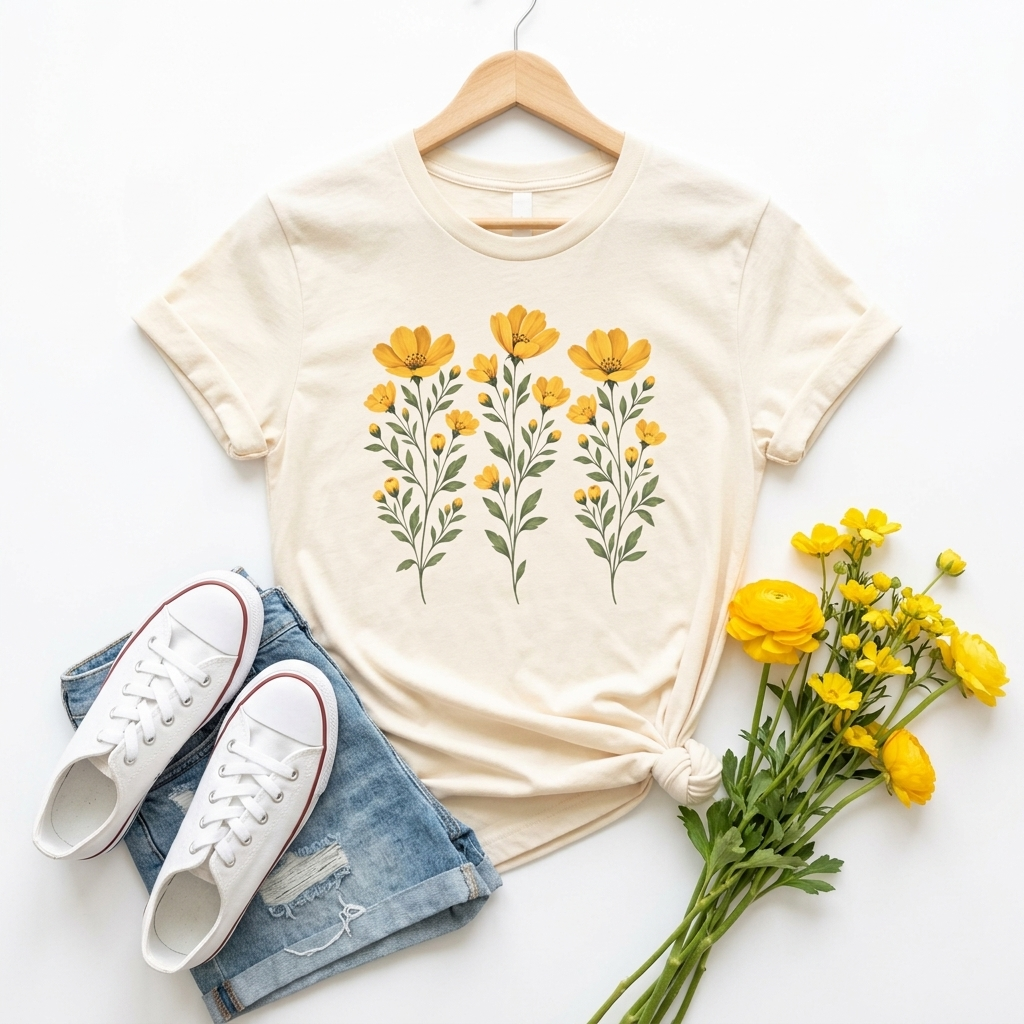 Golden Yellow Wildflower T-Shirt, Vintage Botanical Floral Tee - 14544