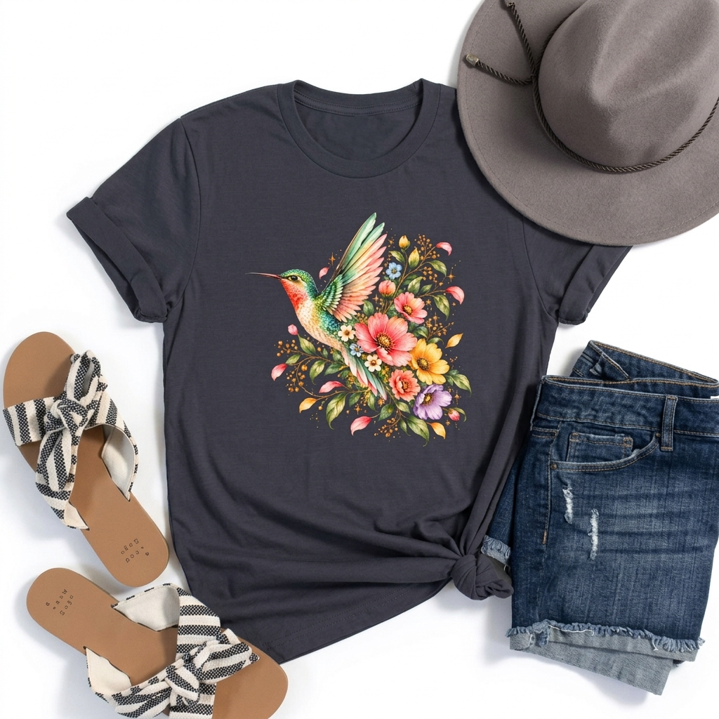 Colorful Hummingbird Floral T-Shirt, Nature Lover Tee - 14516