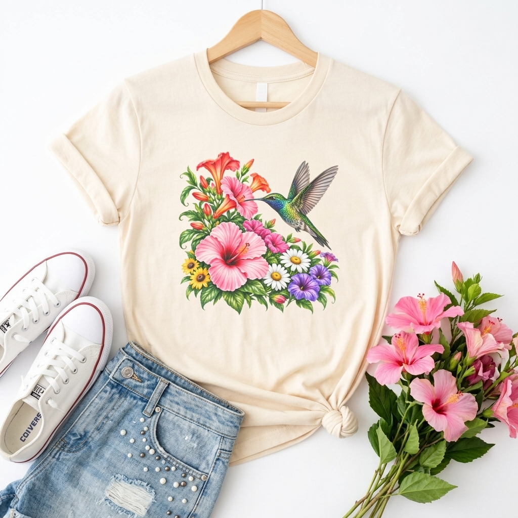 Hummingbird & Hibiscus T-Shirt, Colorful Tropical Floral Garden Tee - 14542