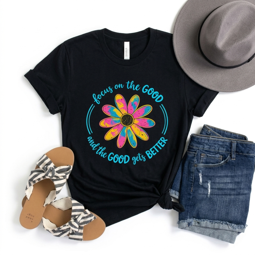 Focus on the Good T-Shirt, Colorful Retro Daisy Graphic Tee - 14563