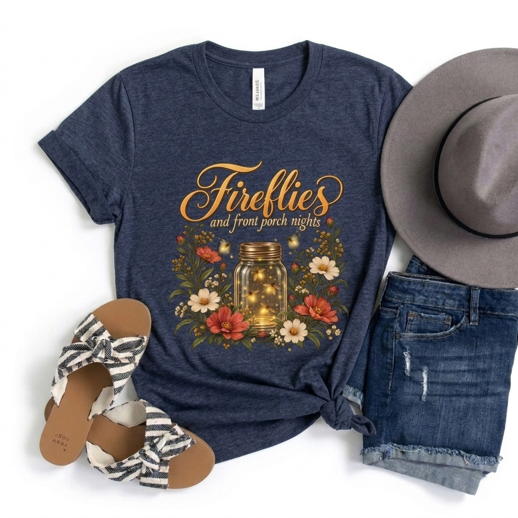 Fireflies and Front Porch Nights T-Shirt, Vintage Floral Mason Jar Tee - 14567