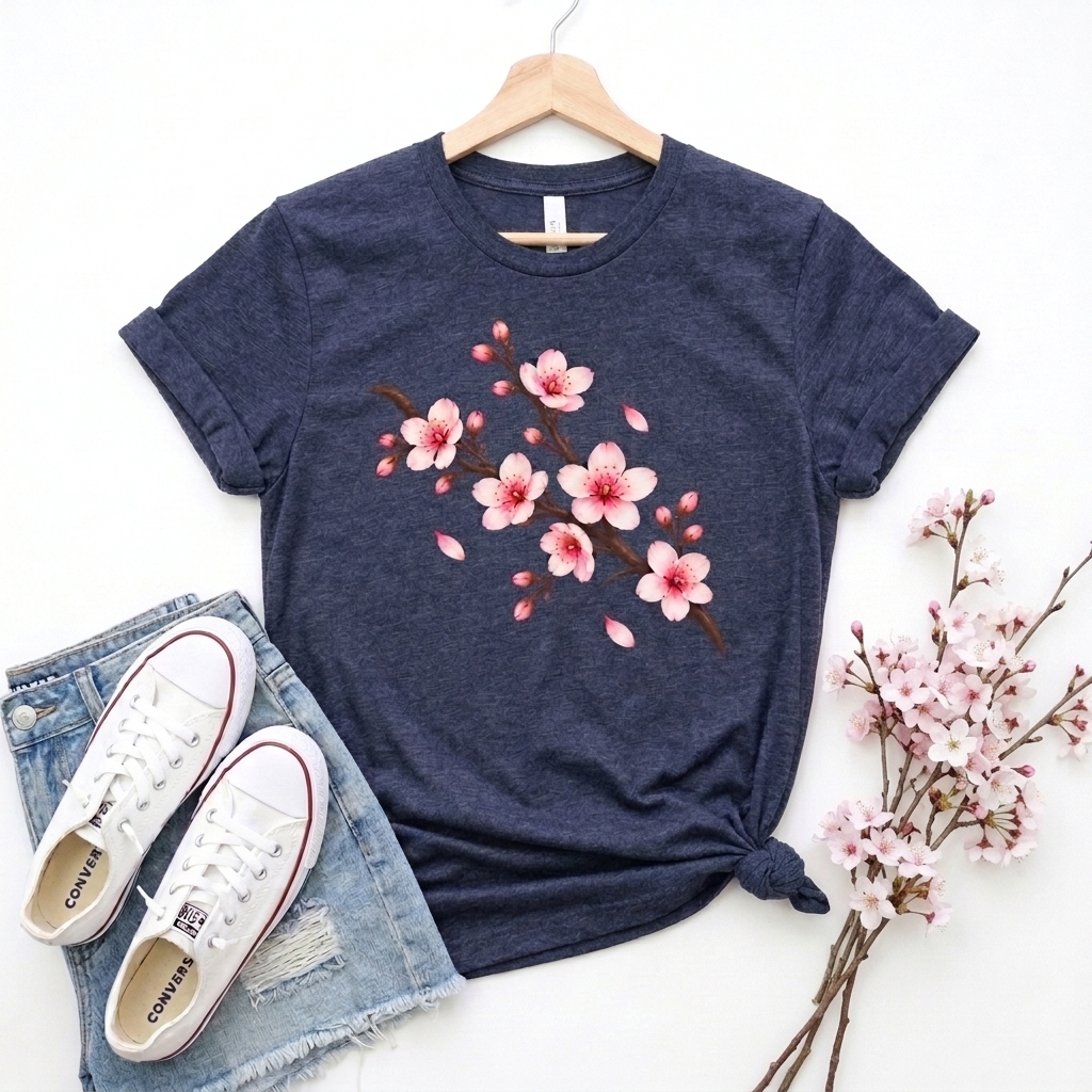 Cherry Blossom T-Shirt, Pink Sakura Branch Floral Tee - 14994