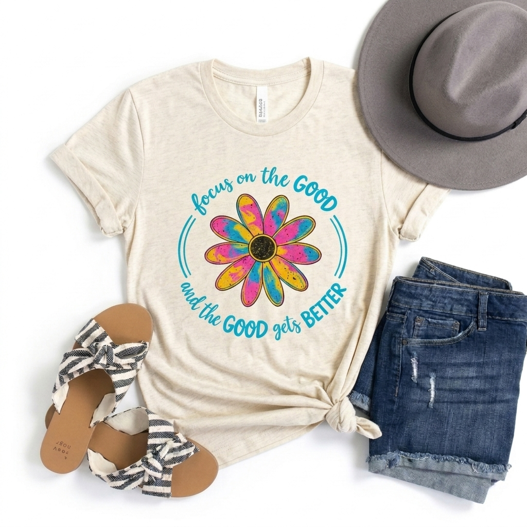 Focus on the Good T-Shirt, Colorful Retro Daisy Graphic Tee - 14563