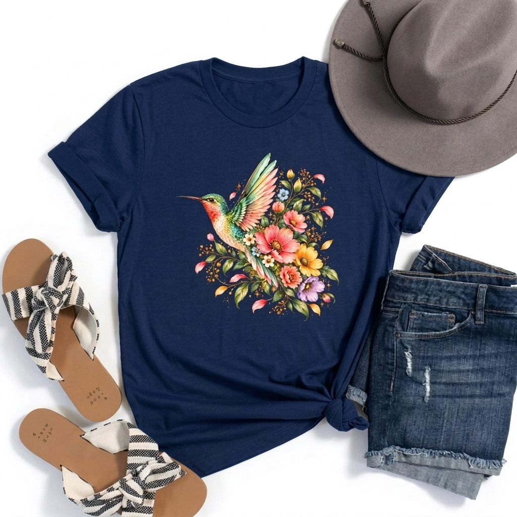 Colorful Hummingbird Floral T-Shirt, Nature Lover Tee - 14516