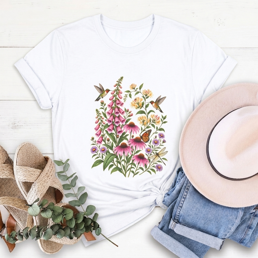 Floral Hummingbird Garden T-Shirt, Wildflower & Butterfly Botanical Tee - 14547