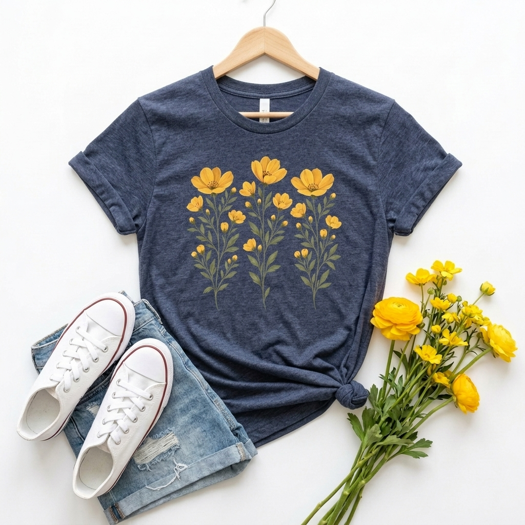 Golden Yellow Wildflower T-Shirt, Vintage Botanical Floral Tee - 14544