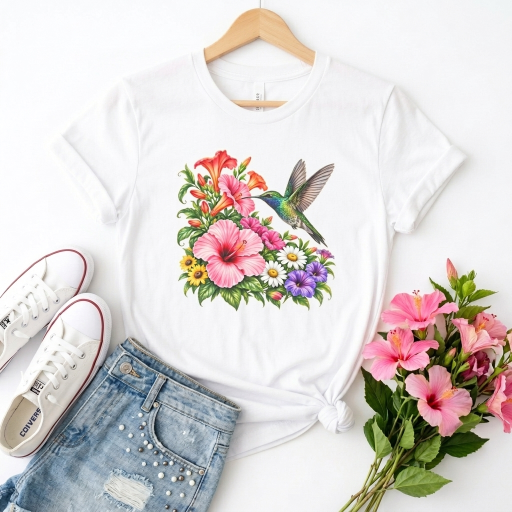 Hummingbird & Hibiscus T-Shirt, Colorful Tropical Floral Garden Tee - 14542