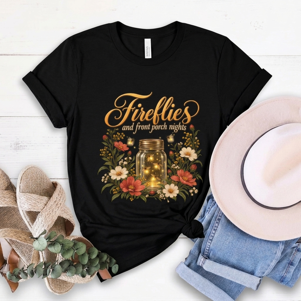 Fireflies and Front Porch Nights T-Shirt, Vintage Floral Mason Jar Tee - 14567