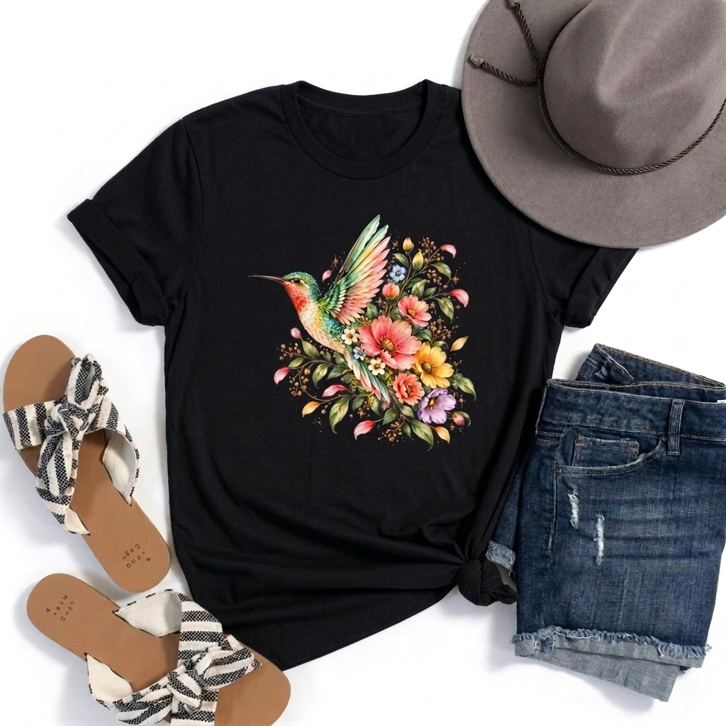 Colorful Hummingbird Floral T-Shirt, Nature Lover Tee - 14516