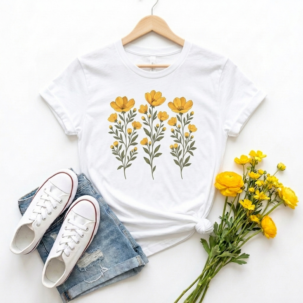 Golden Yellow Wildflower T-Shirt, Vintage Botanical Floral Tee - 14544