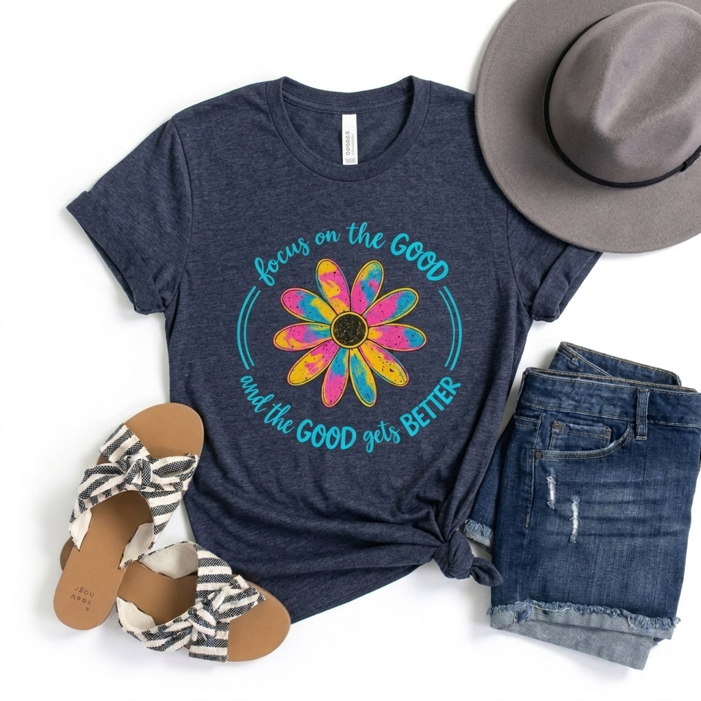 Focus on the Good T-Shirt, Colorful Retro Daisy Graphic Tee - 14563