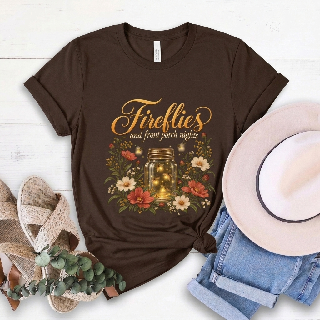 Fireflies and Front Porch Nights T-Shirt, Vintage Floral Mason Jar Tee - 14567
