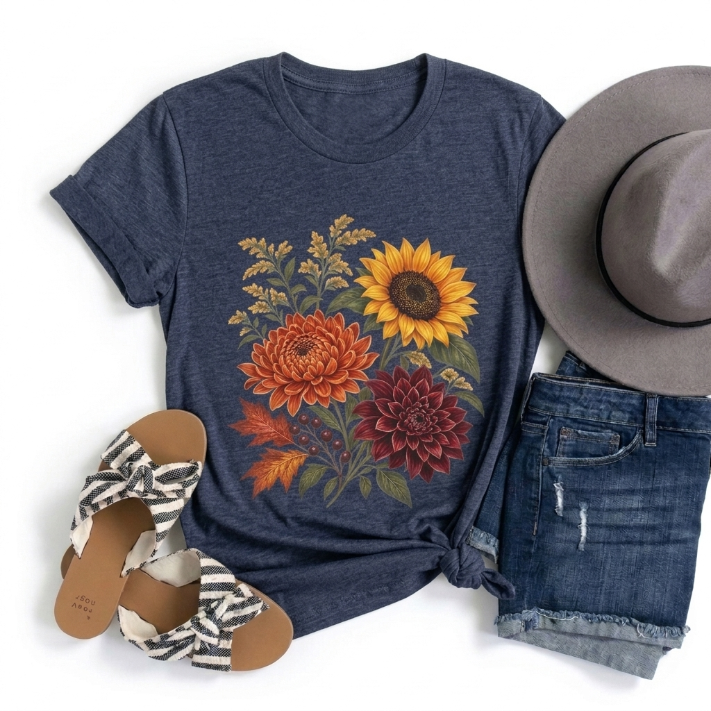 Autumn Wildflower Bouquet T-Shirt, Vintage Botanical Floral Tee - 14565