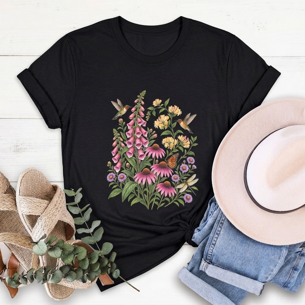 Floral Hummingbird Garden T-Shirt, Wildflower & Butterfly Botanical Tee - 14547