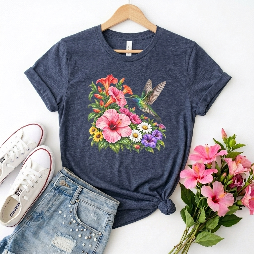 Hummingbird & Hibiscus T-Shirt, Colorful Tropical Floral Garden Tee - 14542
