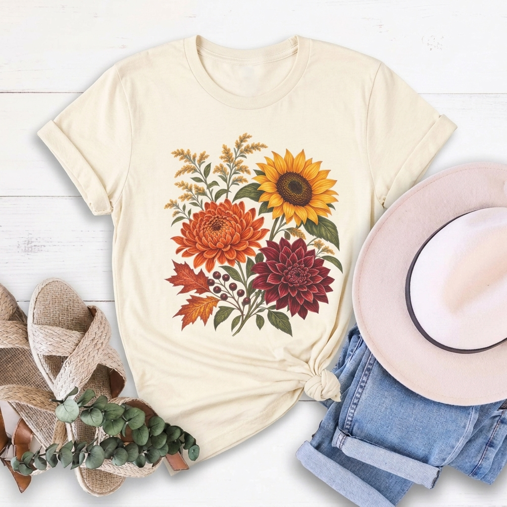 Autumn Wildflower Bouquet T-Shirt, Vintage Botanical Floral Tee - 14565