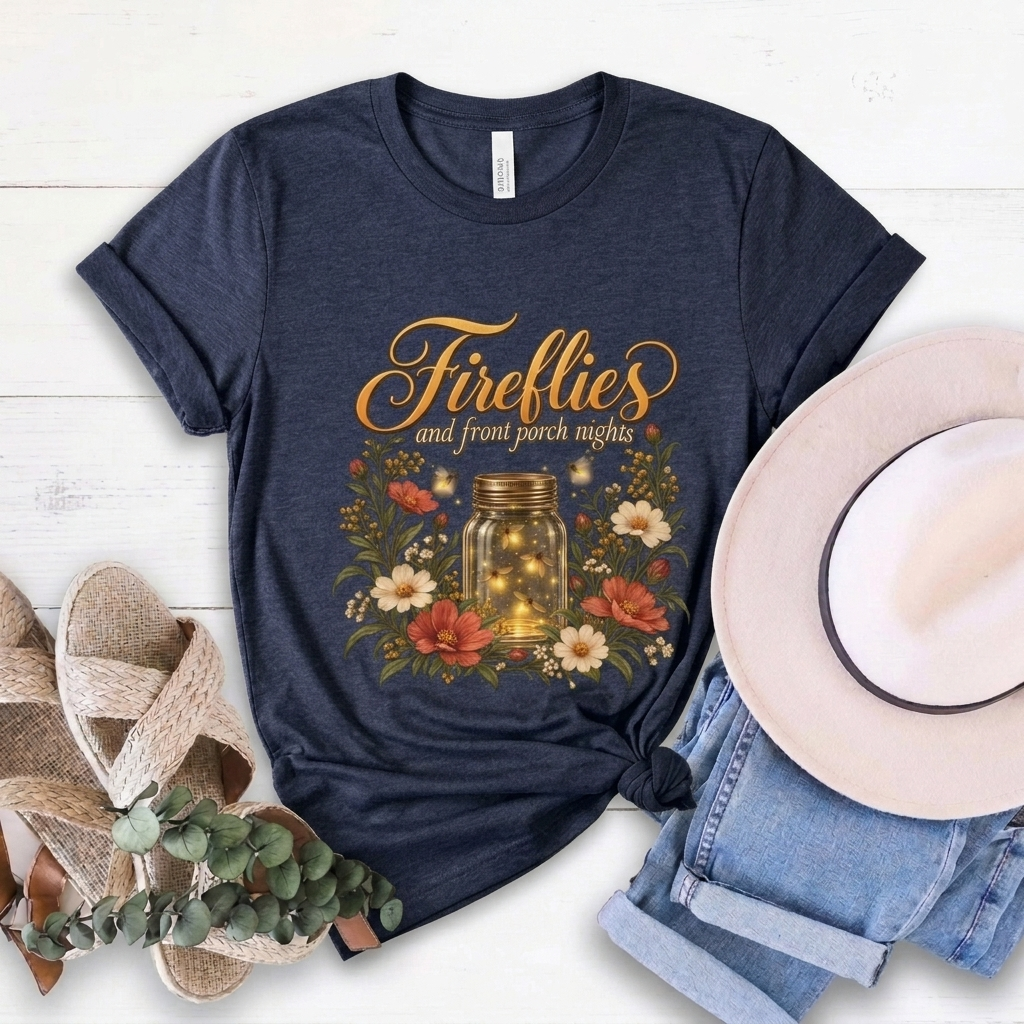 Fireflies and Front Porch Nights T-Shirt, Vintage Floral Mason Jar Tee - 14567