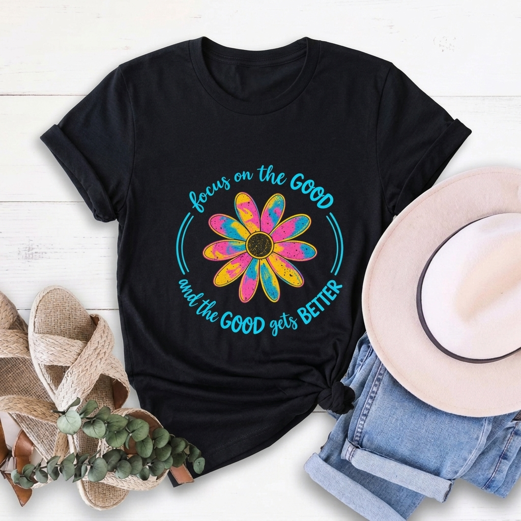 Focus on the Good T-Shirt, Colorful Retro Daisy Graphic Tee - 14563