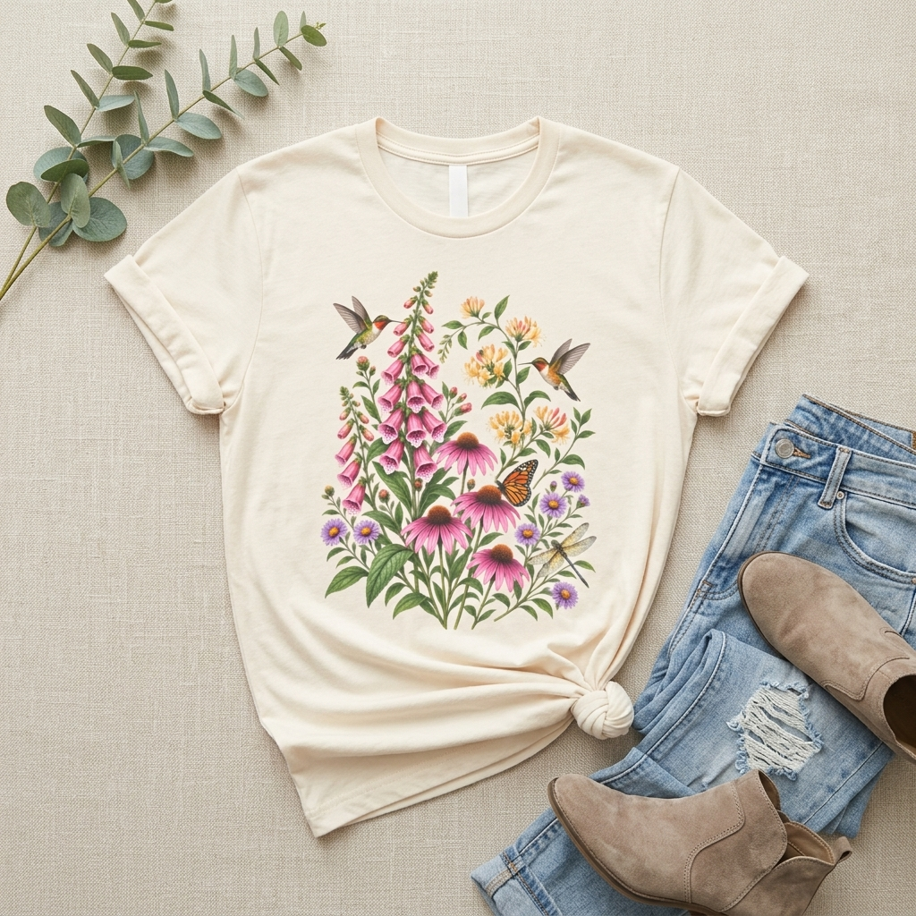 Floral Hummingbird Garden T-Shirt, Wildflower & Butterfly Botanical Tee - 14547