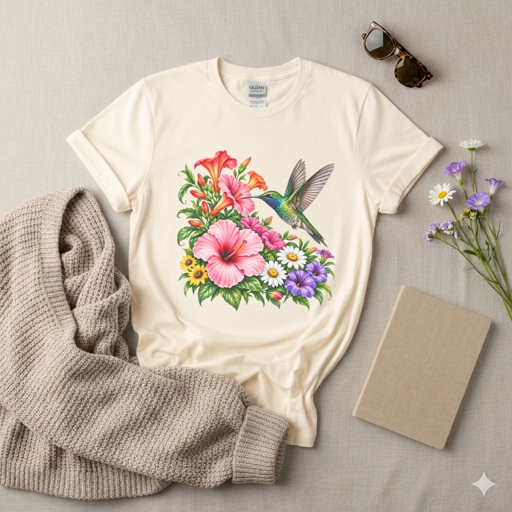 Hummingbird & Hibiscus T-Shirt, Colorful Tropical Floral Garden Tee - 14542