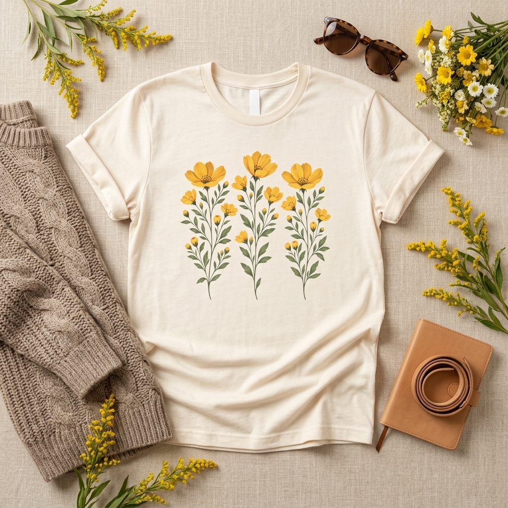 Golden Yellow Wildflower T-Shirt, Vintage Botanical Floral Tee - 14544