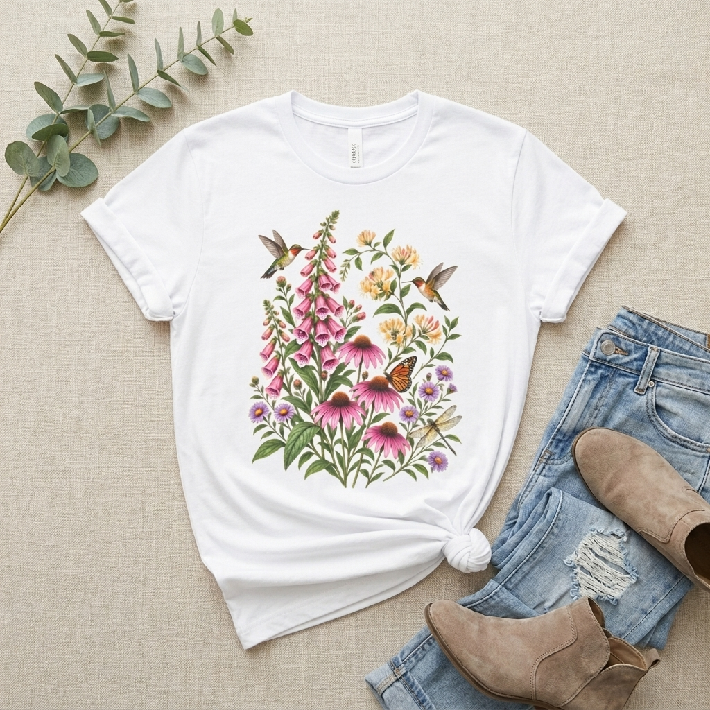 Floral Hummingbird Garden T-Shirt, Wildflower & Butterfly Botanical Tee - 14547