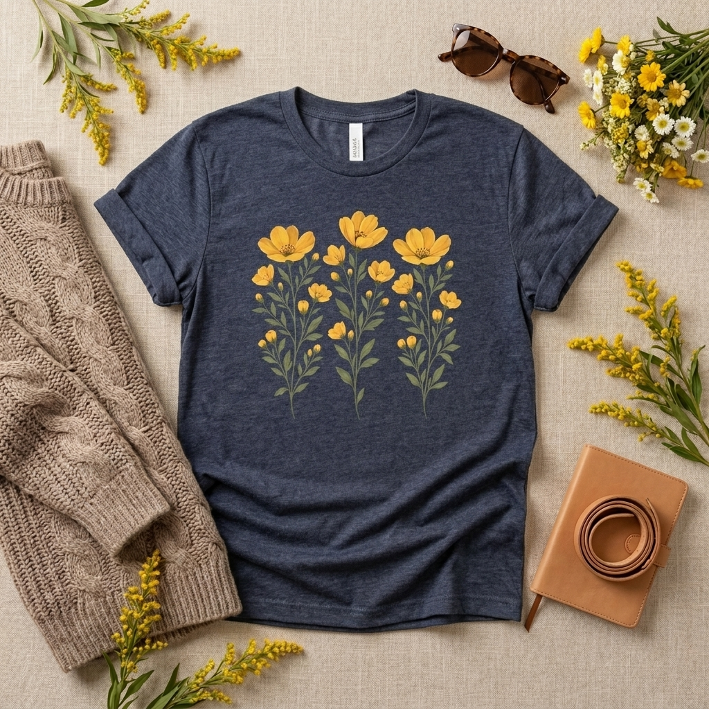 Golden Yellow Wildflower T-Shirt, Vintage Botanical Floral Tee - 14544