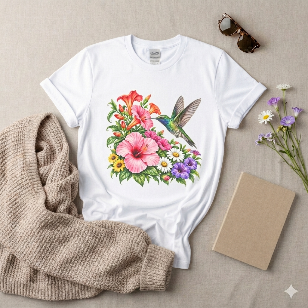 Hummingbird & Hibiscus T-Shirt, Colorful Tropical Floral Garden Tee - 14542