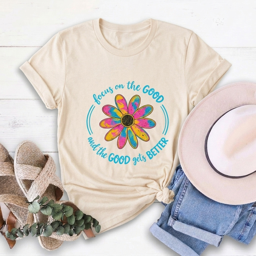 Focus on the Good T-Shirt, Colorful Retro Daisy Graphic Tee - 14563
