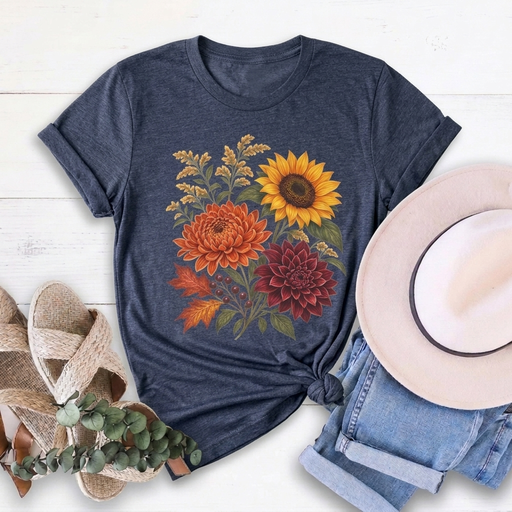 Autumn Wildflower Bouquet T-Shirt, Vintage Botanical Floral Tee - 14565